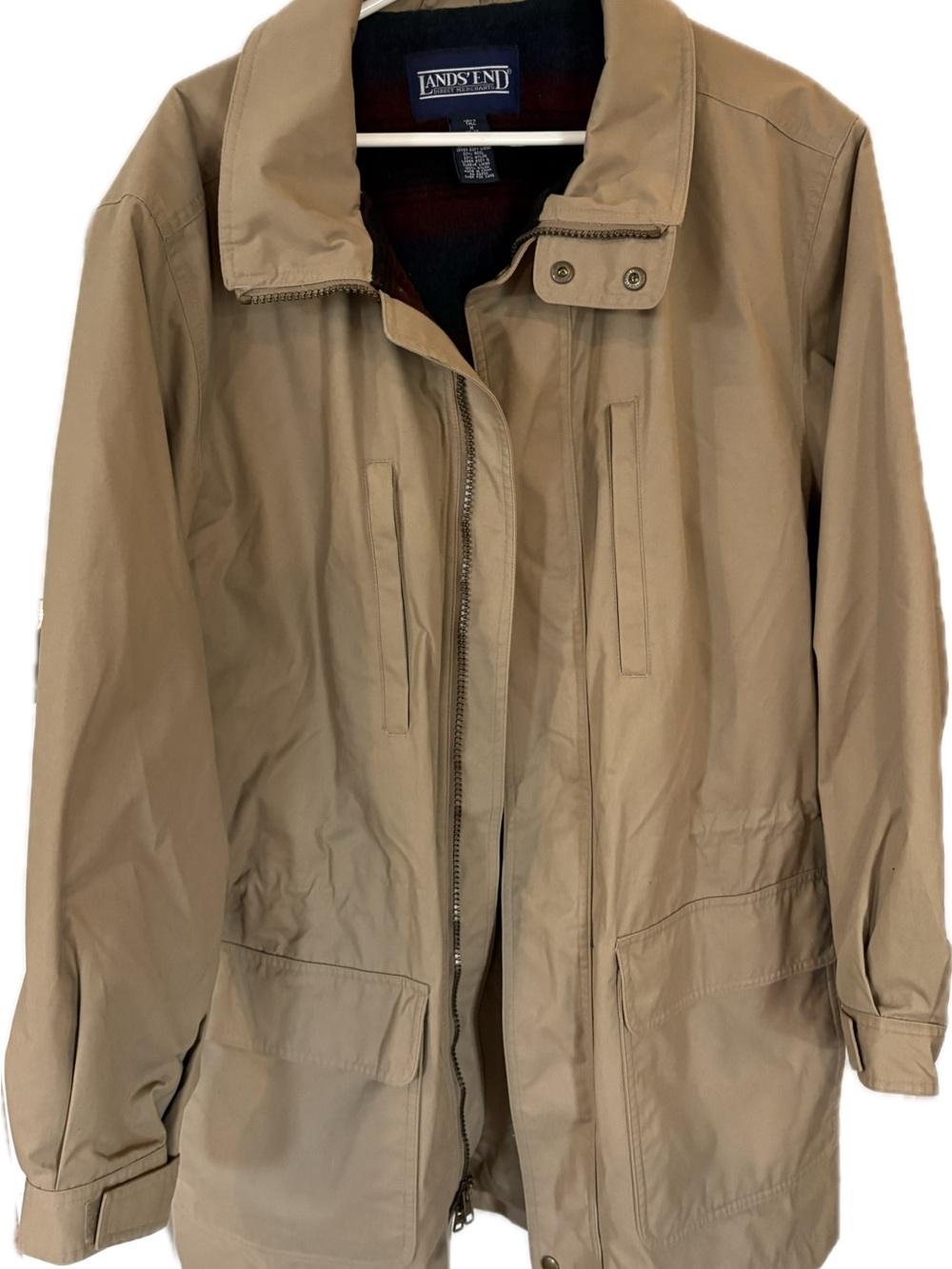 Vintage Lands End Mens Medium Tall Canvas Field Jacket Plaid Lined